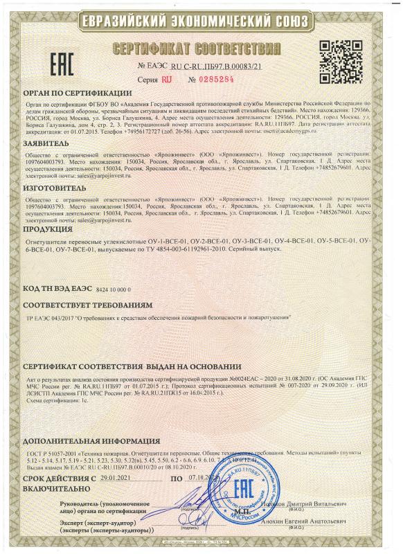 Сертификат на огнетушители Ярпожинвест
